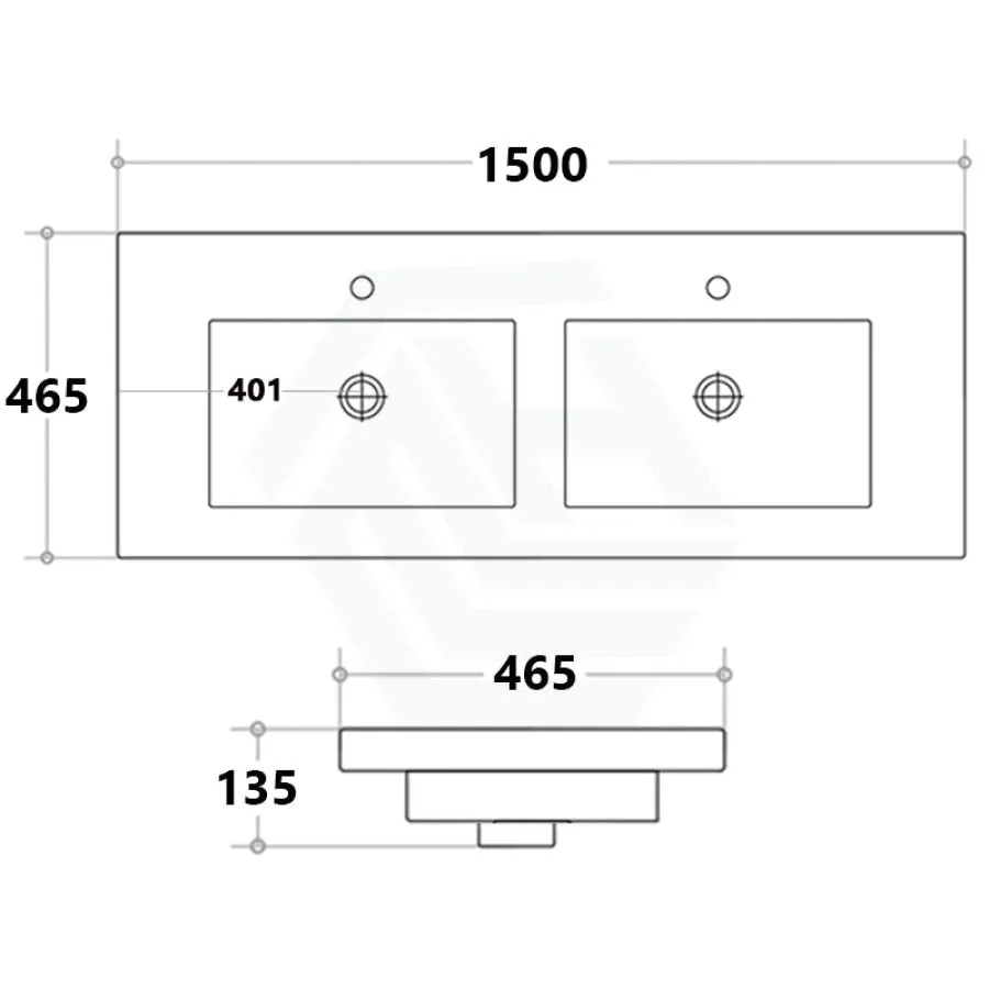 1500x465x135mm Poly Top for Bathroom Vanity Double Bowls 2 Tap hole NO Overflow