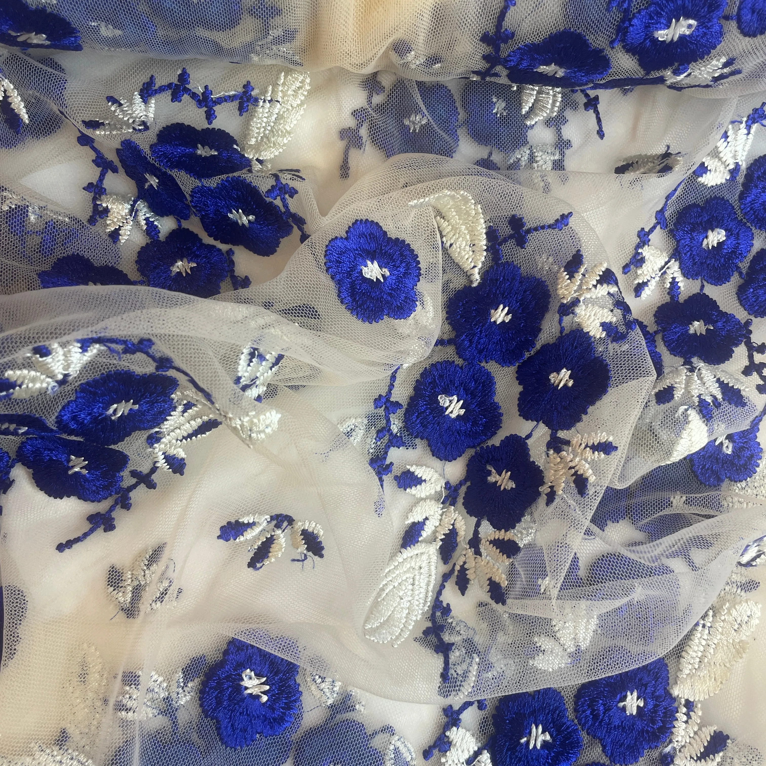 1mtr Blue bloom embroidered mesh