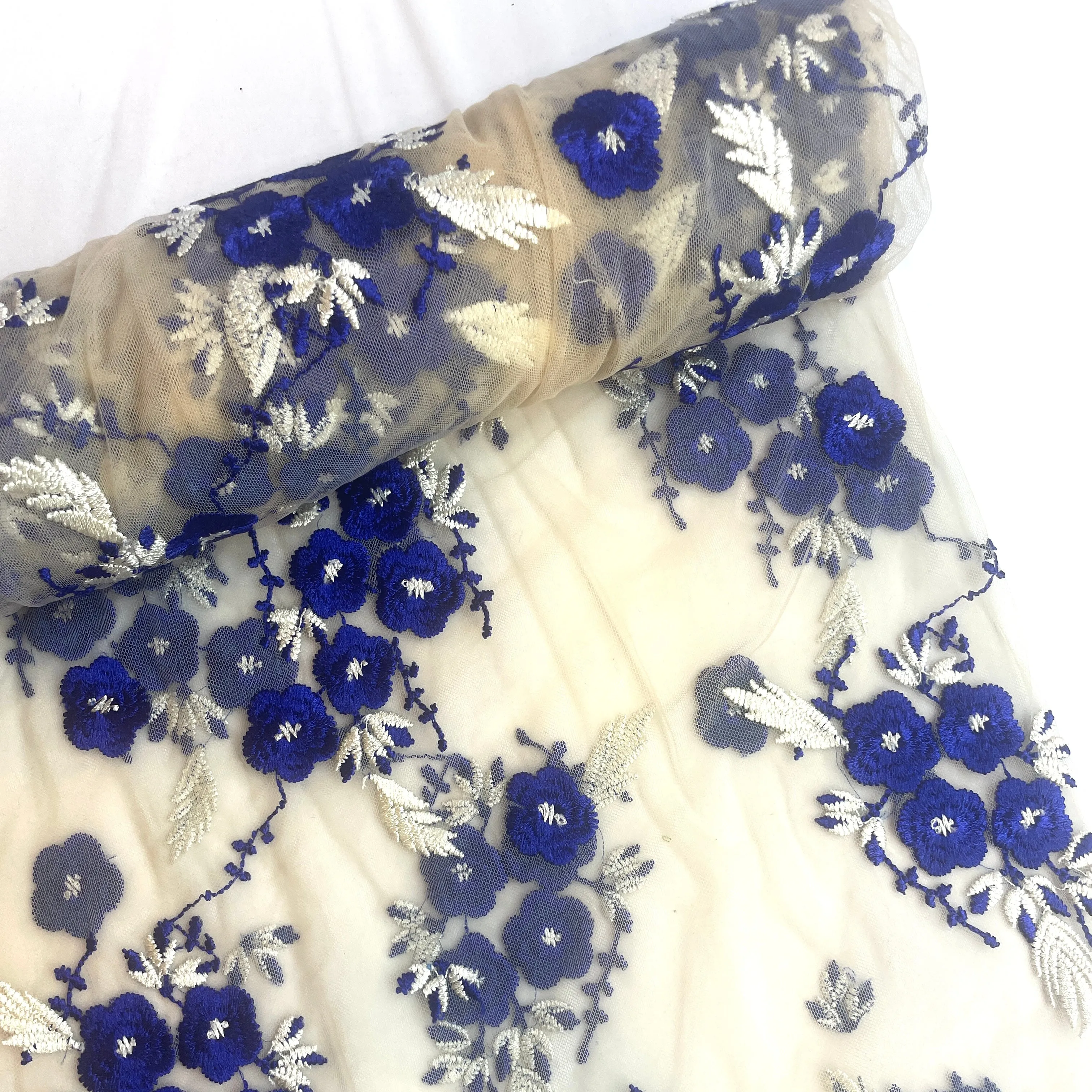 1mtr Blue bloom embroidered mesh