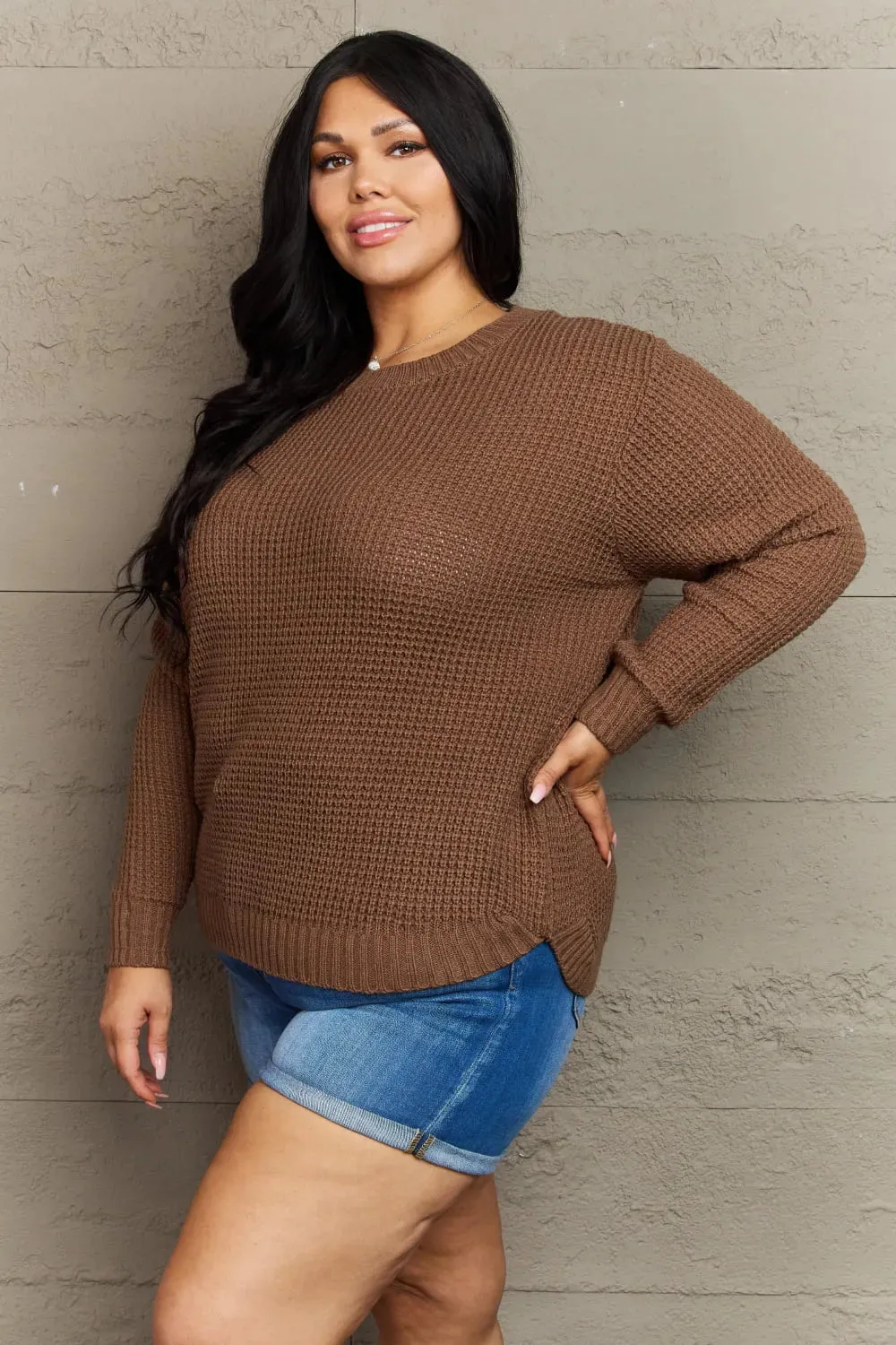 Breezy Days Plus Size High Low Waffle Knit Sweater