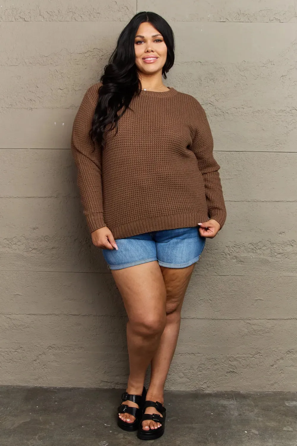 Breezy Days Plus Size High Low Waffle Knit Sweater