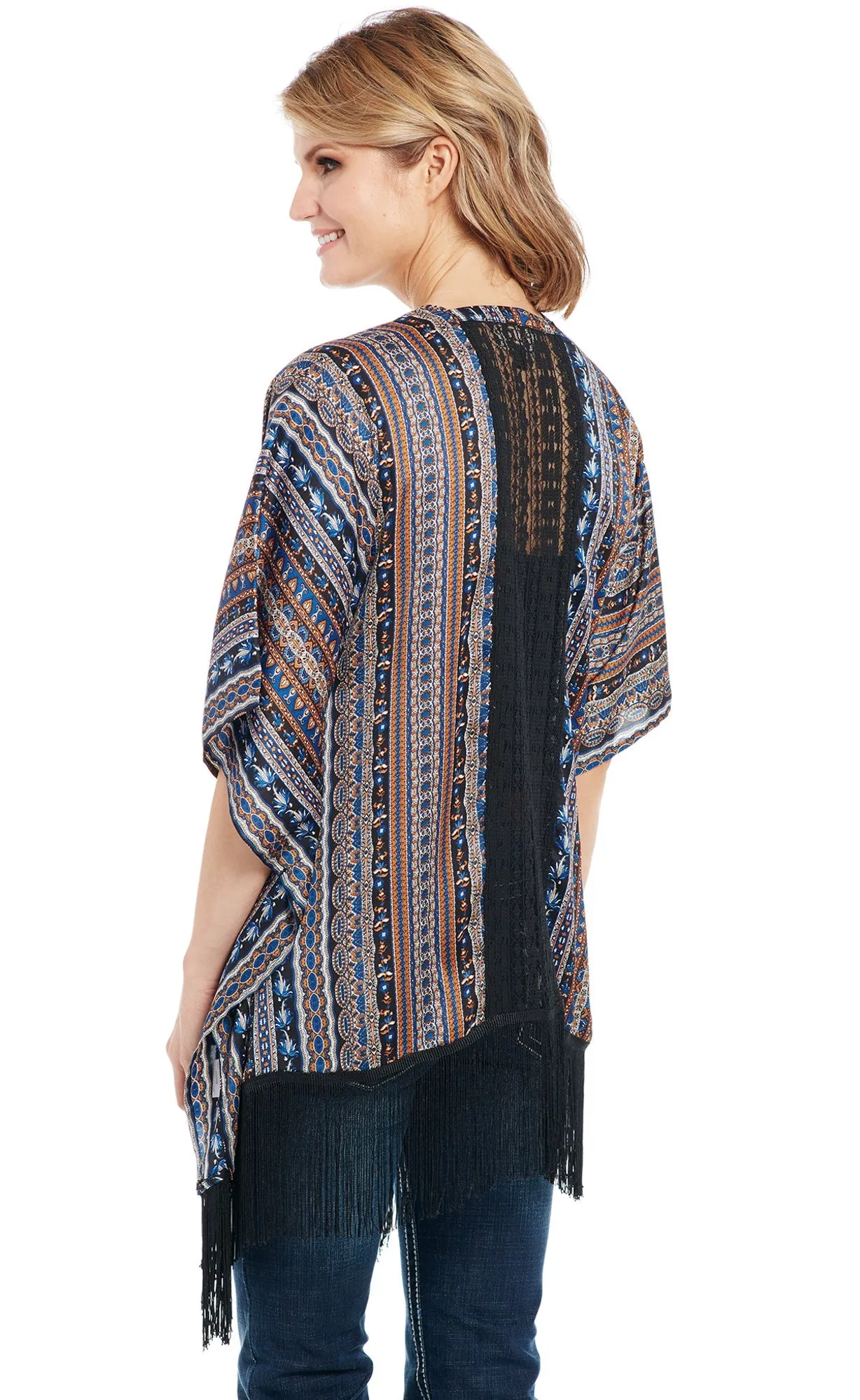 Cowgirl Up Womens Multi-Color Polyester Fringe Hem Kimono Cardigan S/S