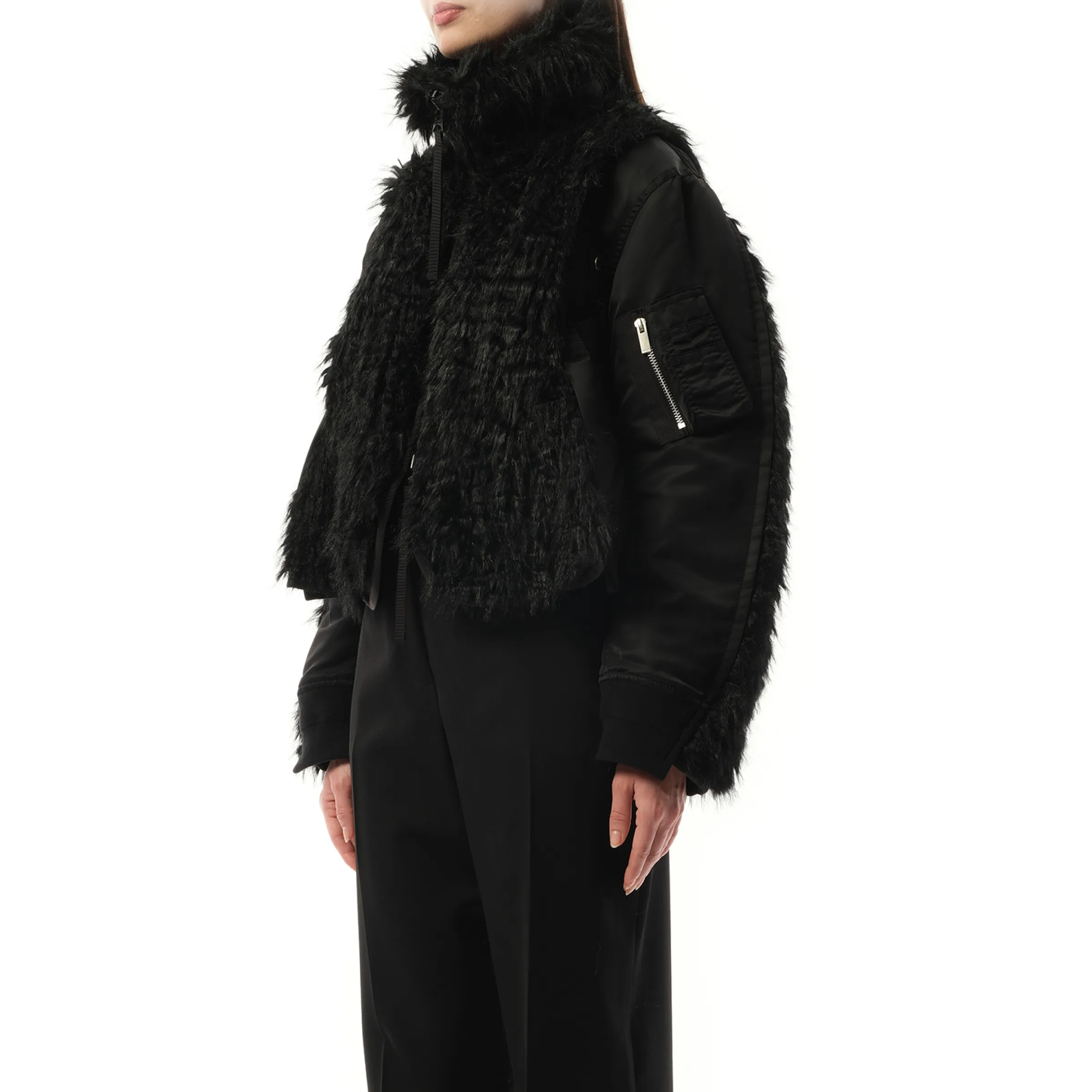 Faux Fur x Nylon Twill Blouson in Black