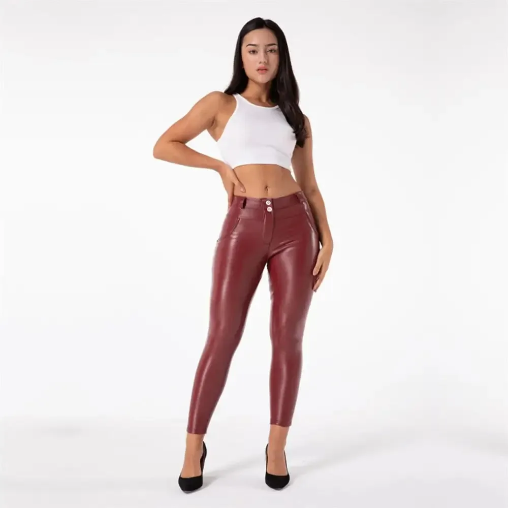 Faux Leather Pant - Mid Waist - Red