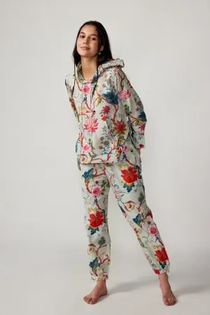 Floral Print on Sky Blue Cotton Hoodie Set