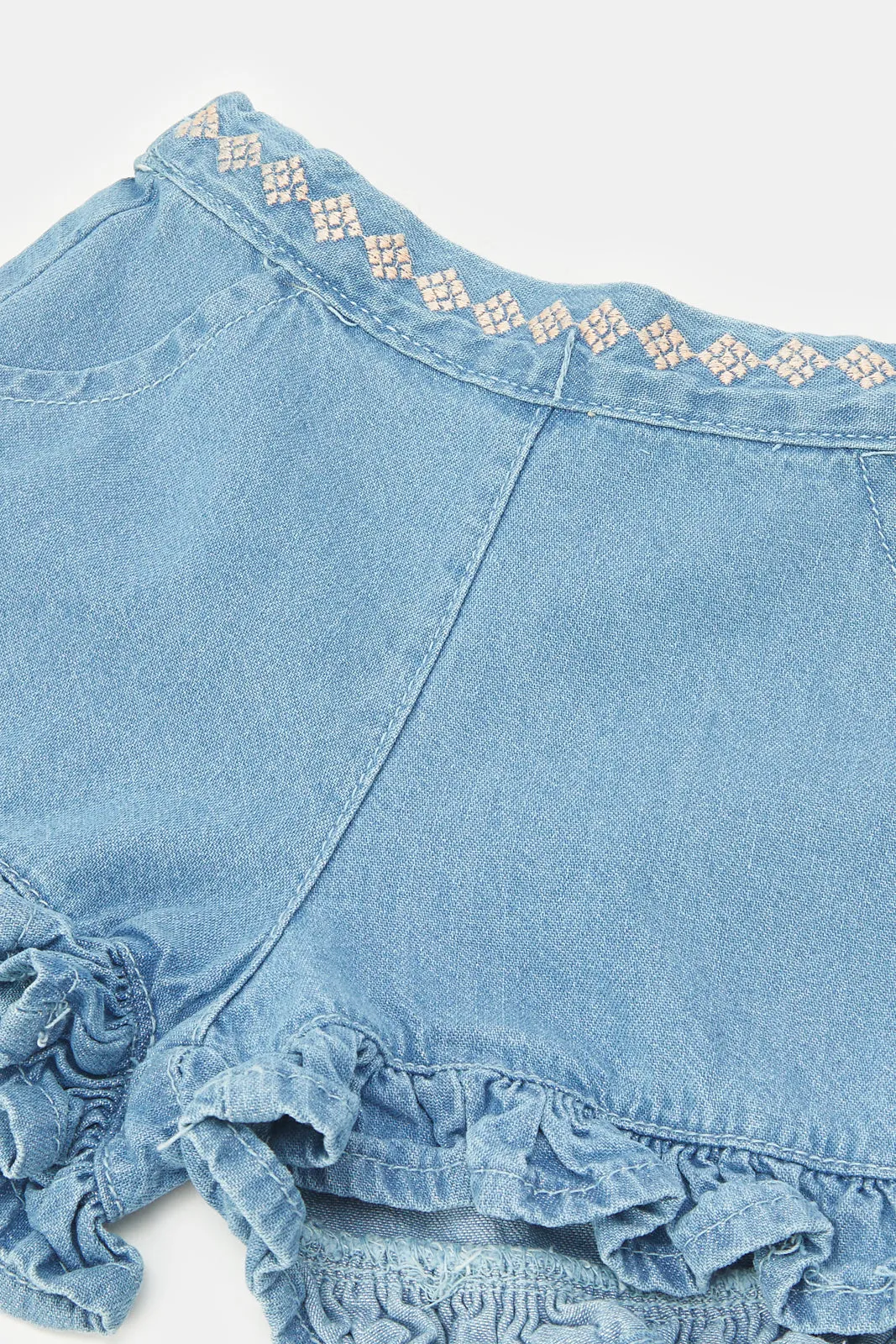 Infant Girls Blue Embroidered Shorts