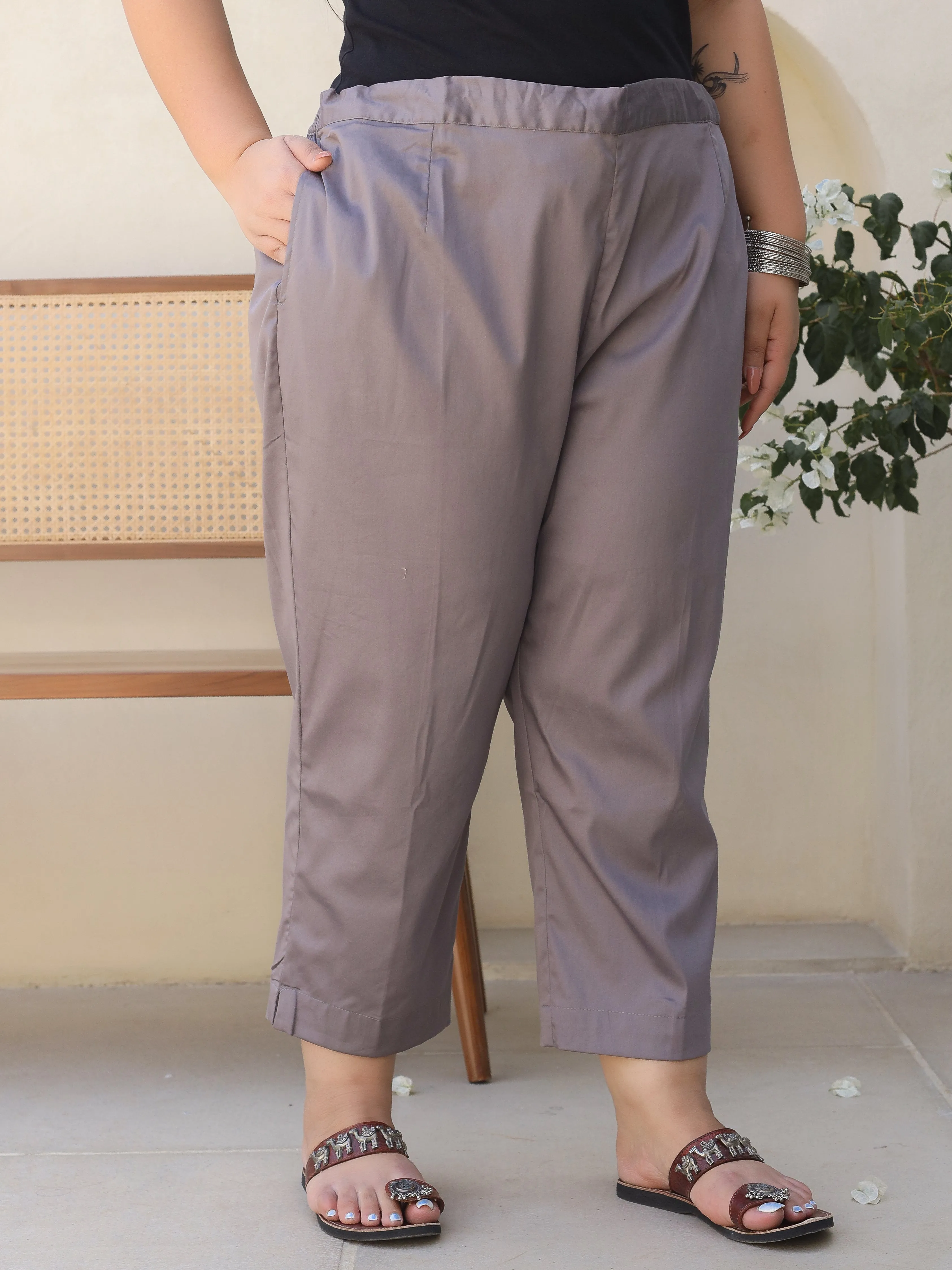 Jashvi Grey Solid Lycra Women Drawstring Plus Size Pants With Single Side Pocket