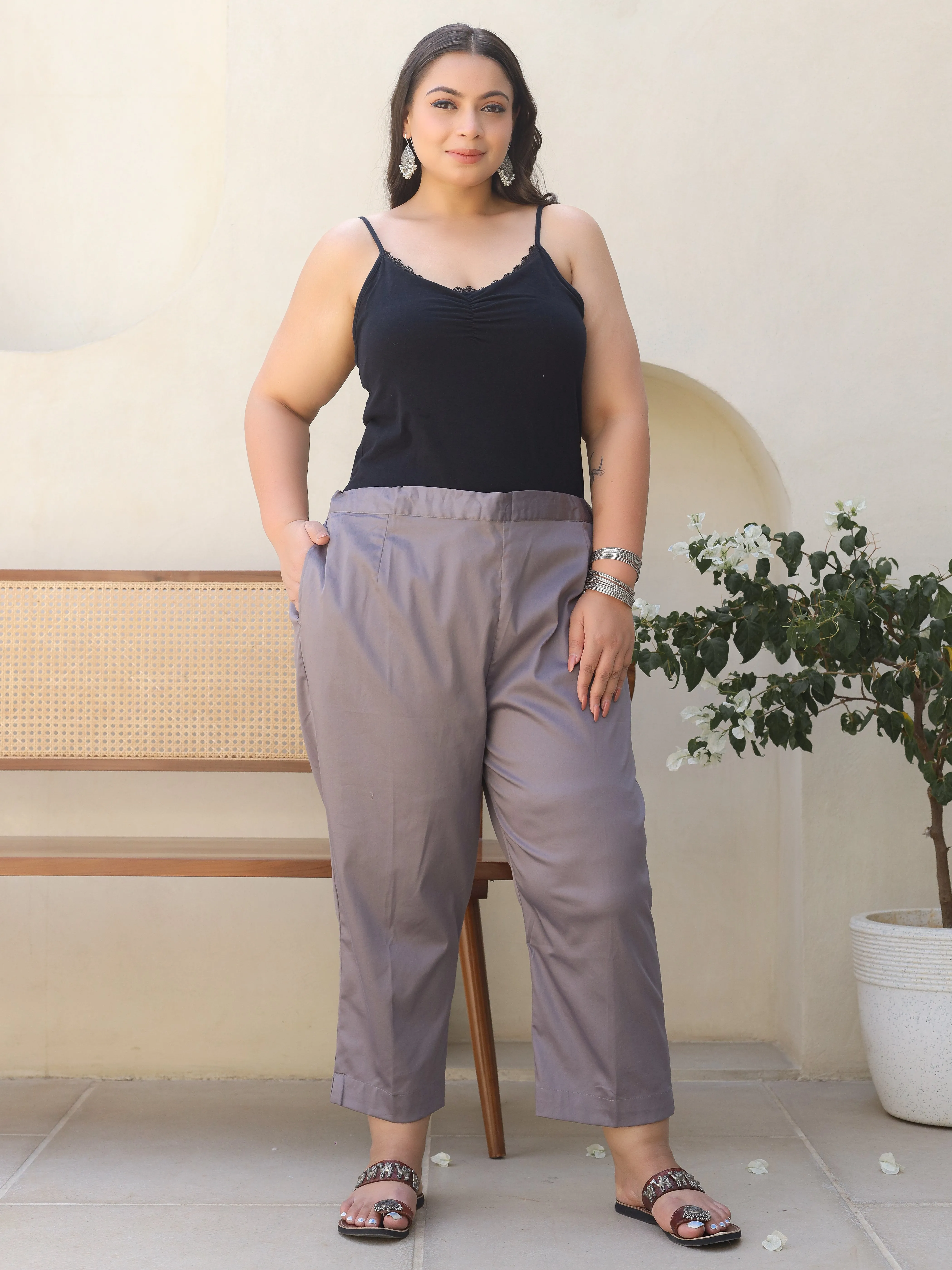 Jashvi Grey Solid Lycra Women Drawstring Plus Size Pants With Single Side Pocket