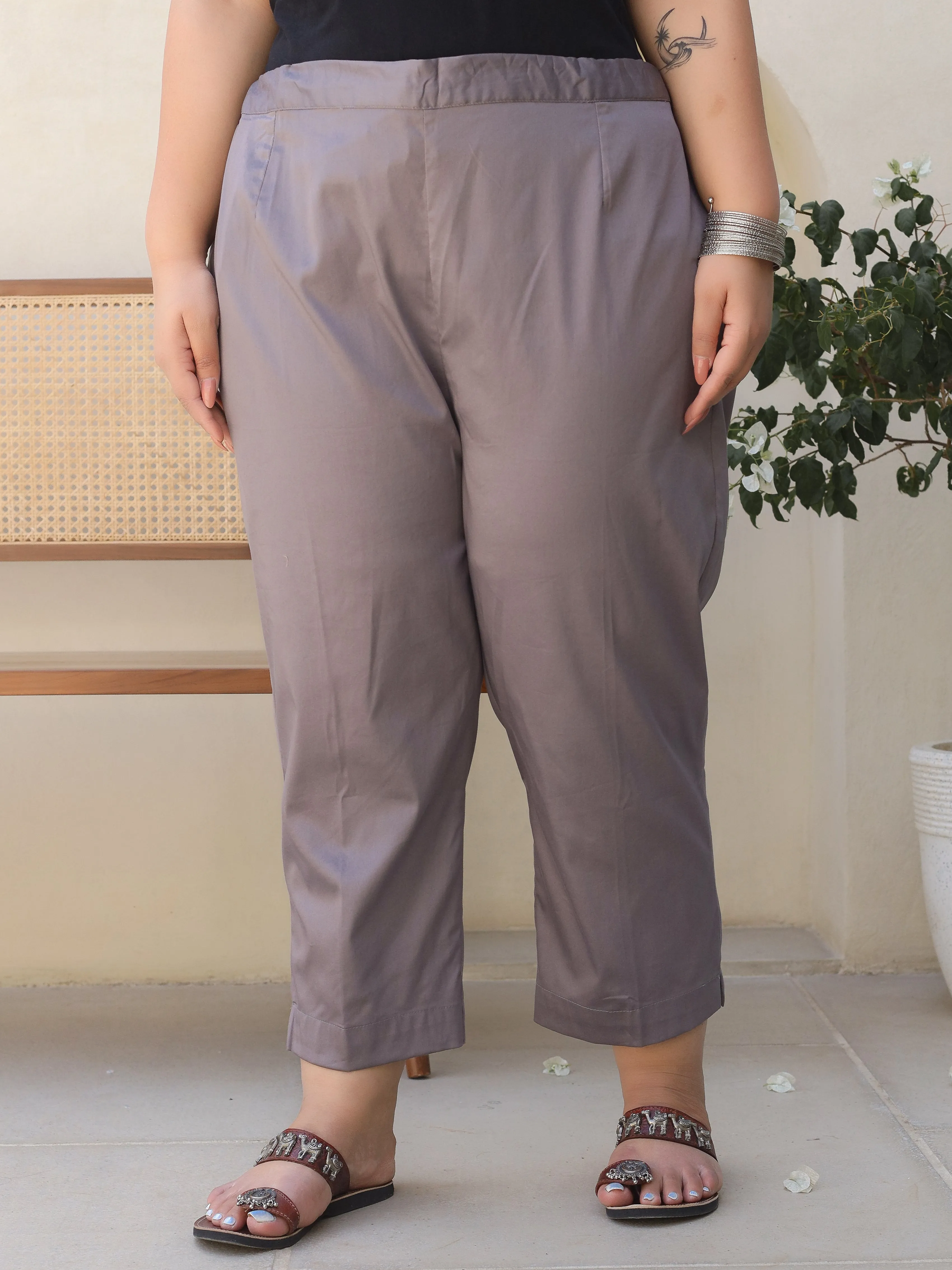 Jashvi Grey Solid Lycra Women Drawstring Plus Size Pants With Single Side Pocket