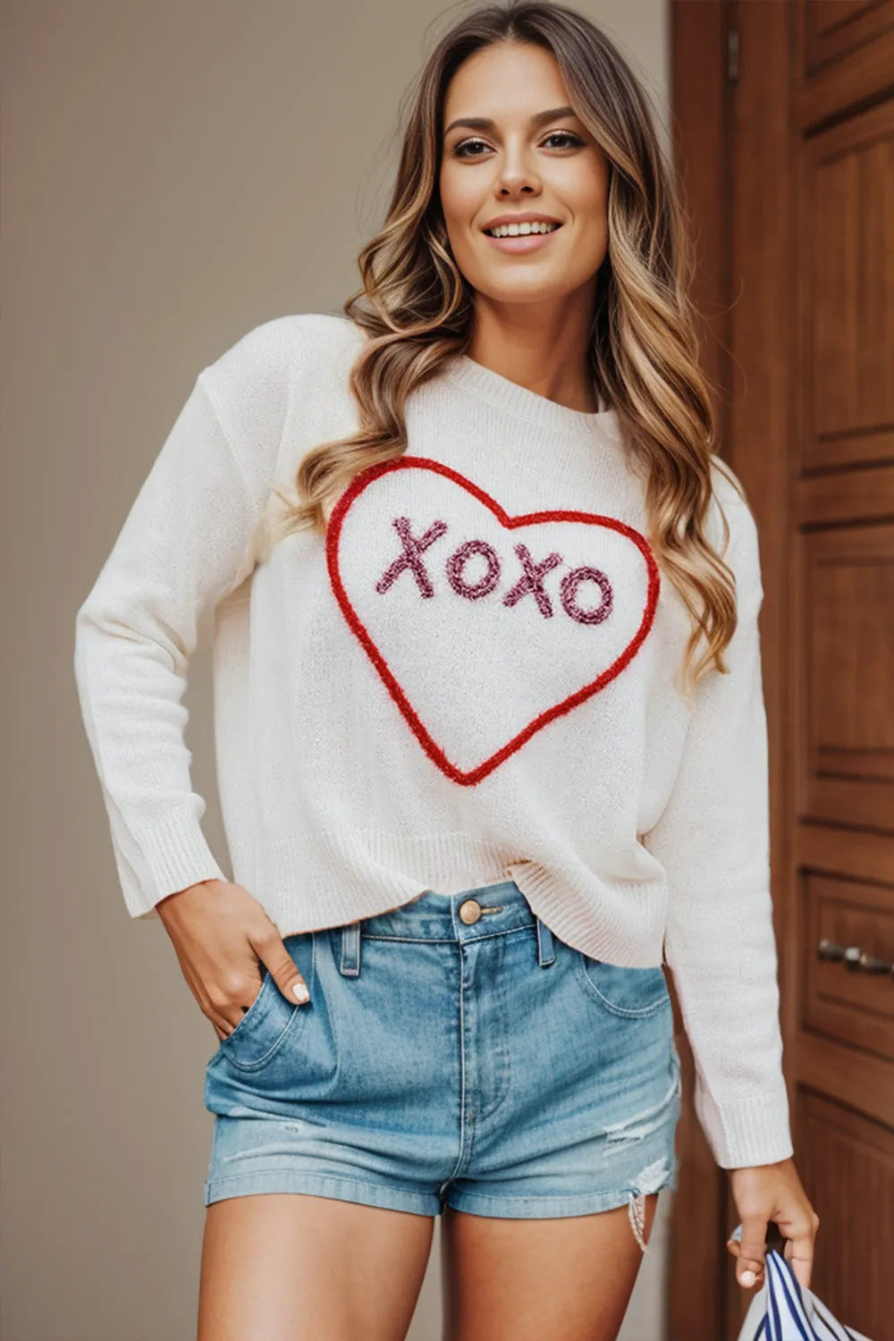 kesley XOXO Round Neck Drop Shoulder Sweater