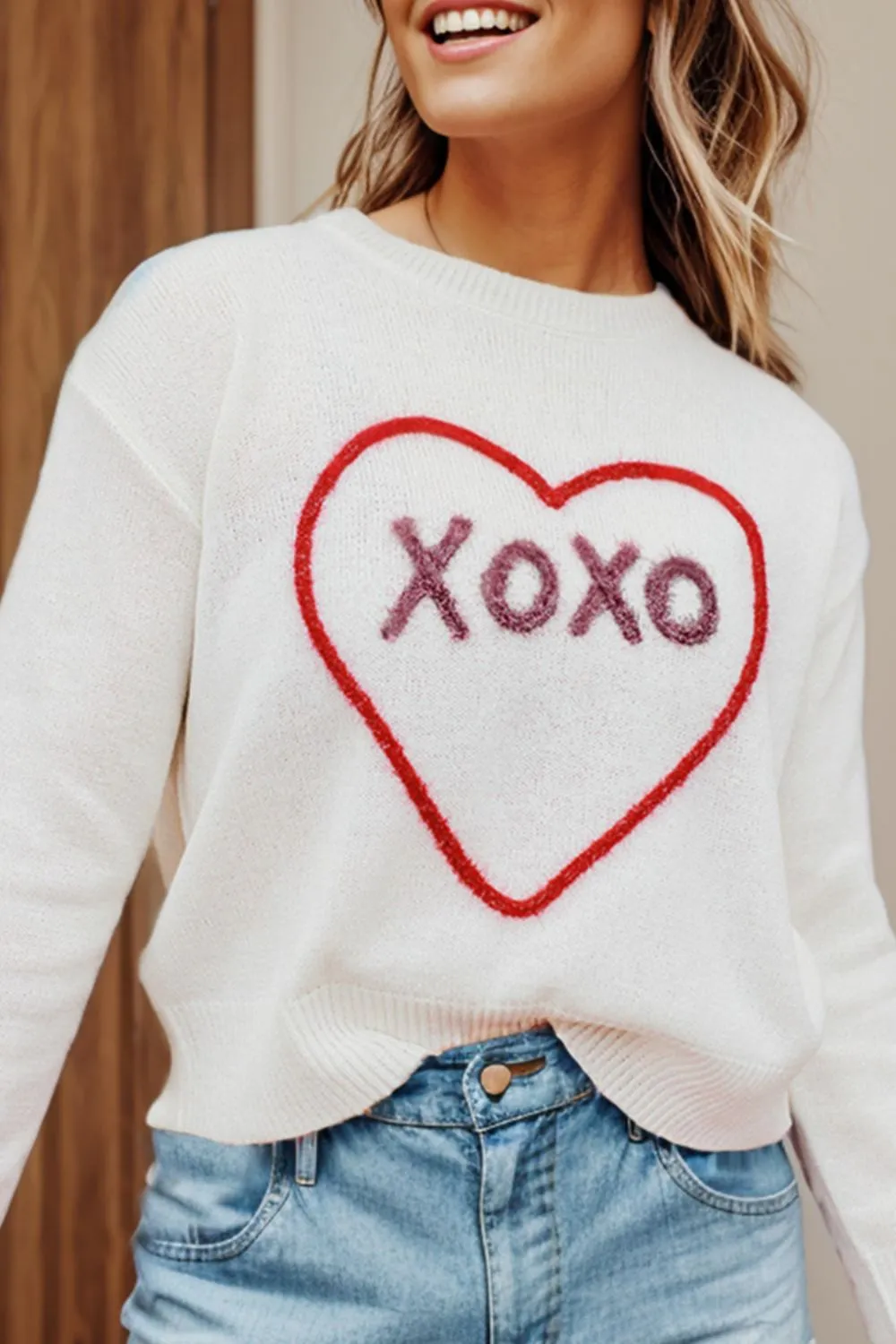 kesley XOXO Round Neck Drop Shoulder Sweater