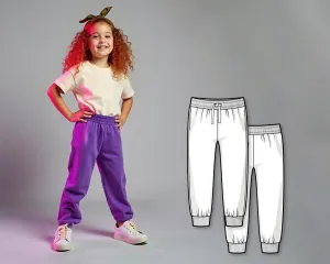 Kids Jogger Pants PDF Sewing Pattern, Cuffed Sweatpants with Drawstring, Simple DIY Pants for Girls and Toddlers