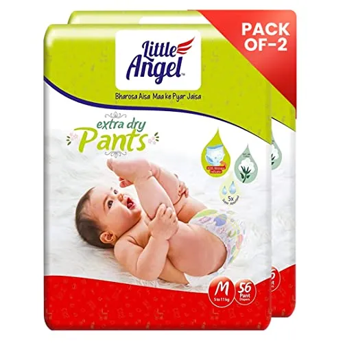 Little Angel Extra Dry Baby Pants Diaper, Medium (M) Size, 112 Count, Upto 5-11kg, Super Absorbent Core Up to 12 Hrs. Protection, Soft Elastic Waist Grip & Wetness Indicator, Pack of 2, 56 count/pack