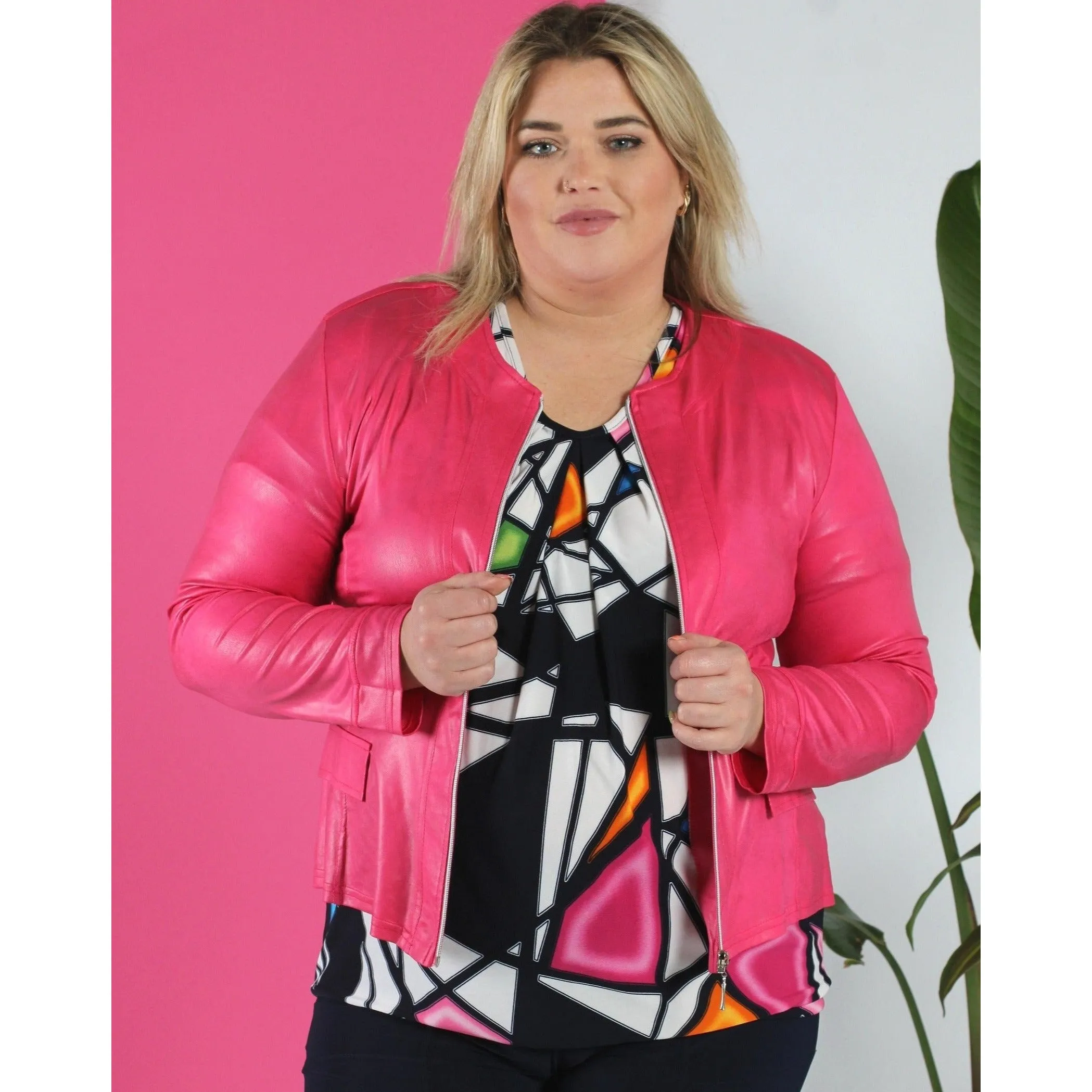 Magna Leather Look Jacket in Cerise Pink