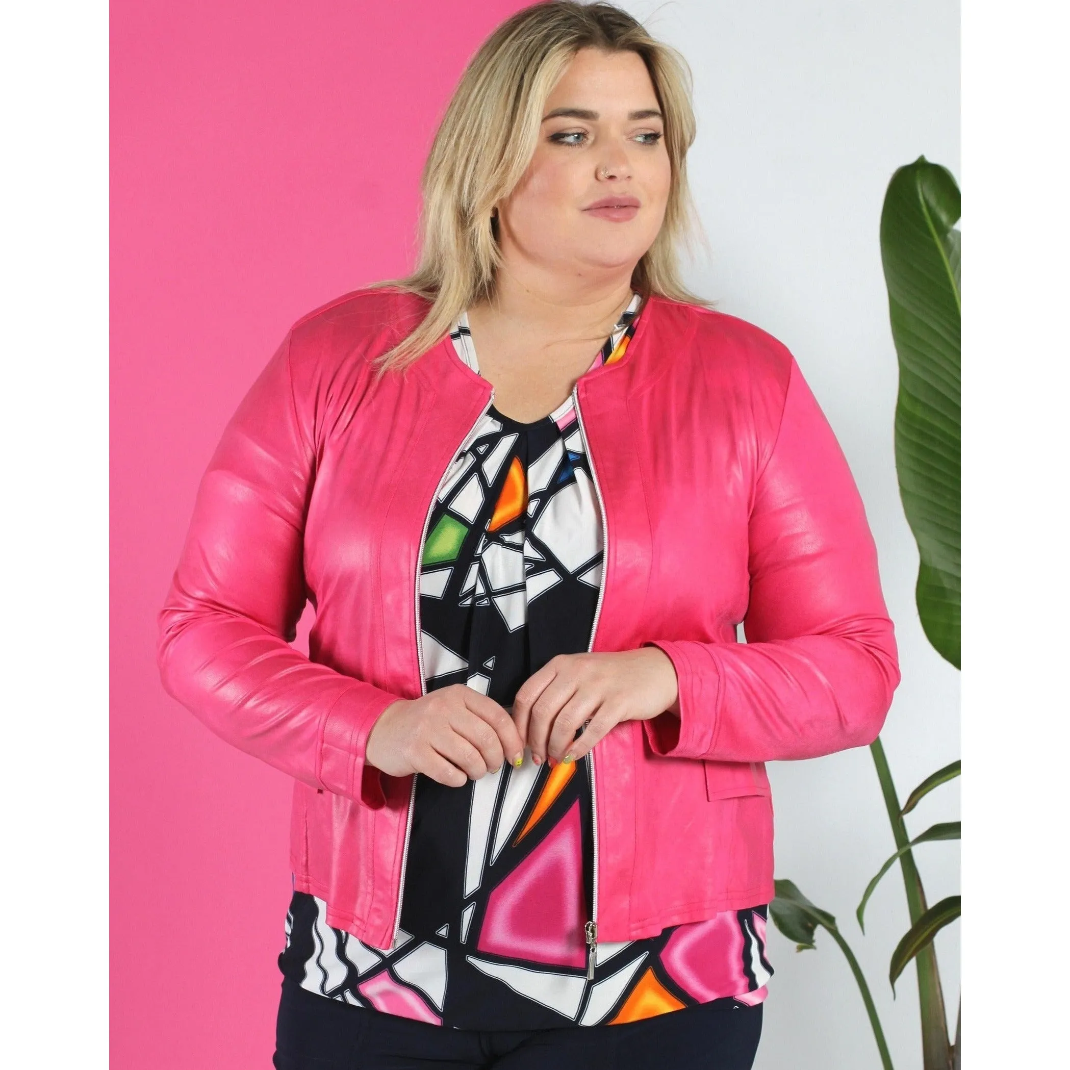 Magna Leather Look Jacket in Cerise Pink