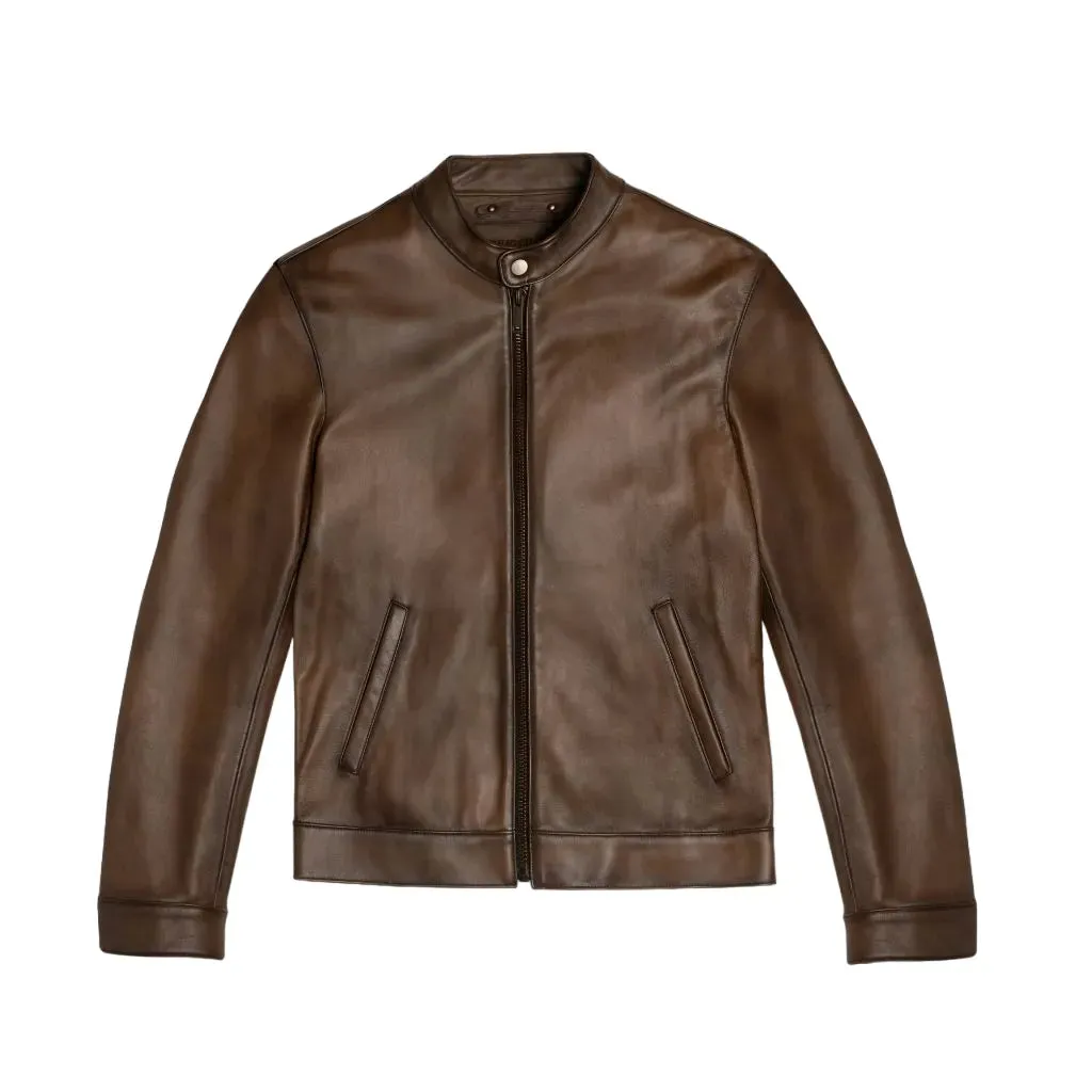 Mens Brown Leather Cafe Racer Jacket