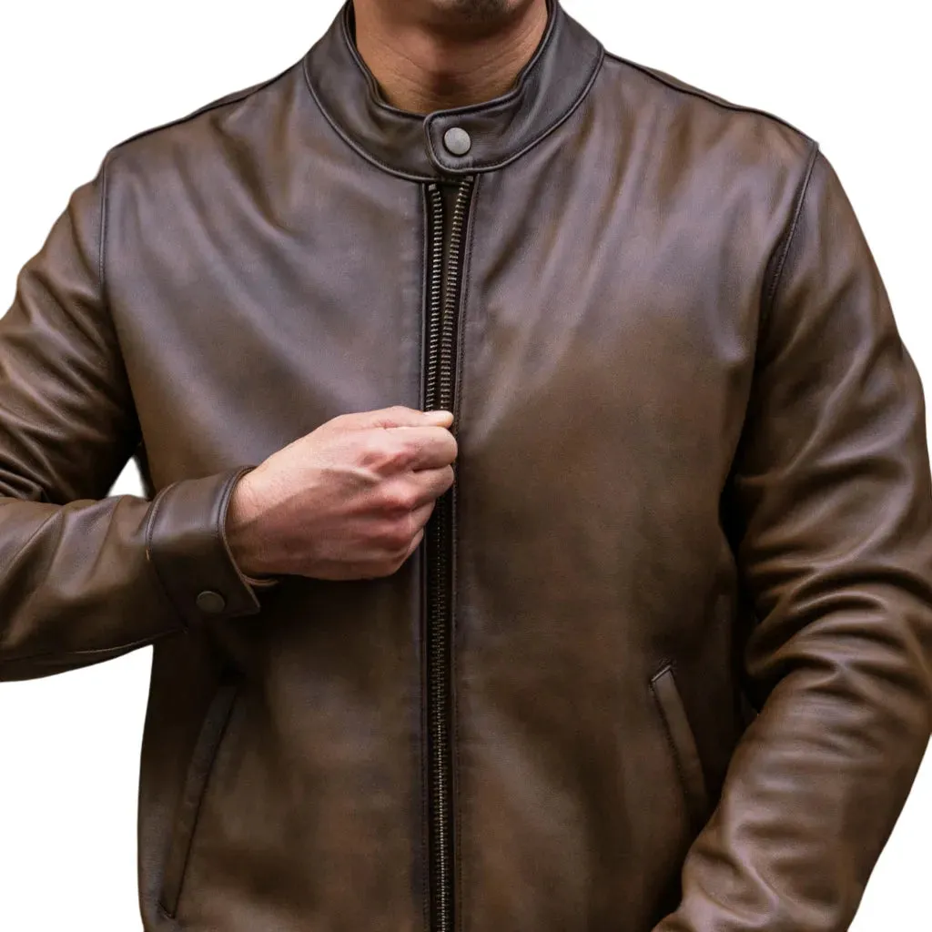 Mens Brown Leather Cafe Racer Jacket