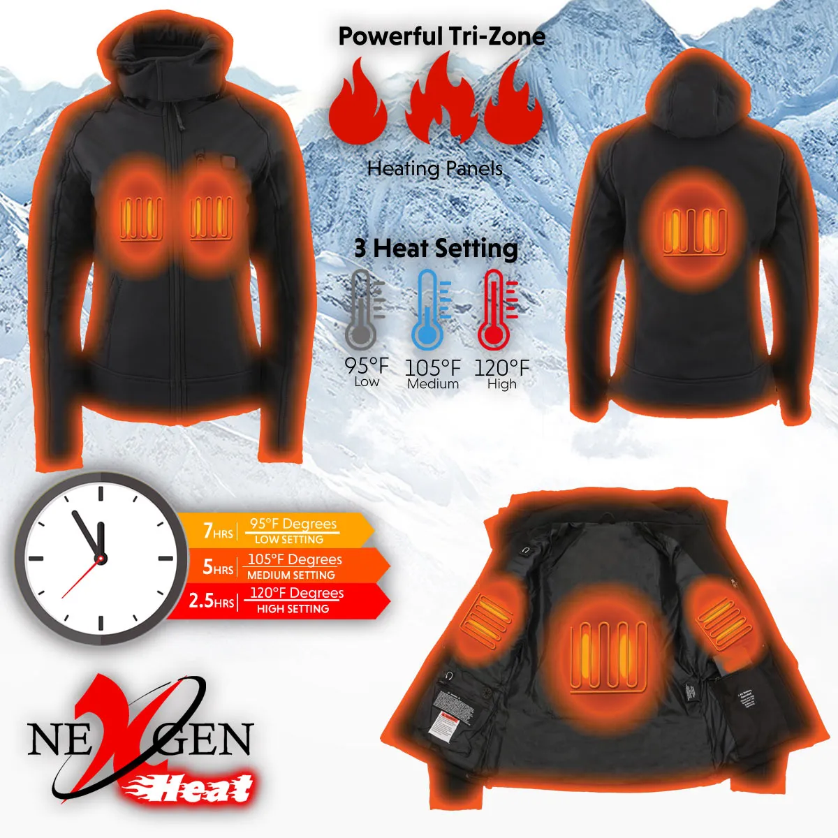 Nexgen Heat MPL2767SET Women's Black 'Heated' Soft Shell Jacket with Detachable Hood for Riding , Hiking w/ Battery