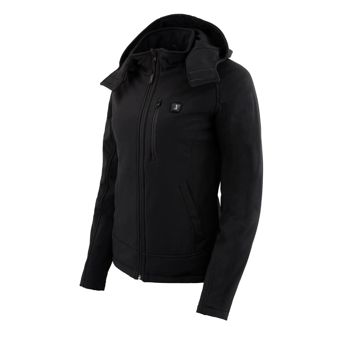 Nexgen Heat MPL2767SET Women's Black 'Heated' Soft Shell Jacket with Detachable Hood for Riding , Hiking w/ Battery