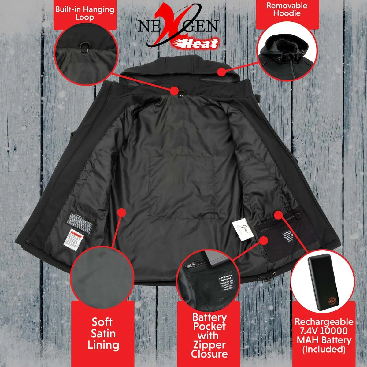 Nexgen Heat MPL2767SET Women's Black 'Heated' Soft Shell Jacket with Detachable Hood for Riding , Hiking w/ Battery