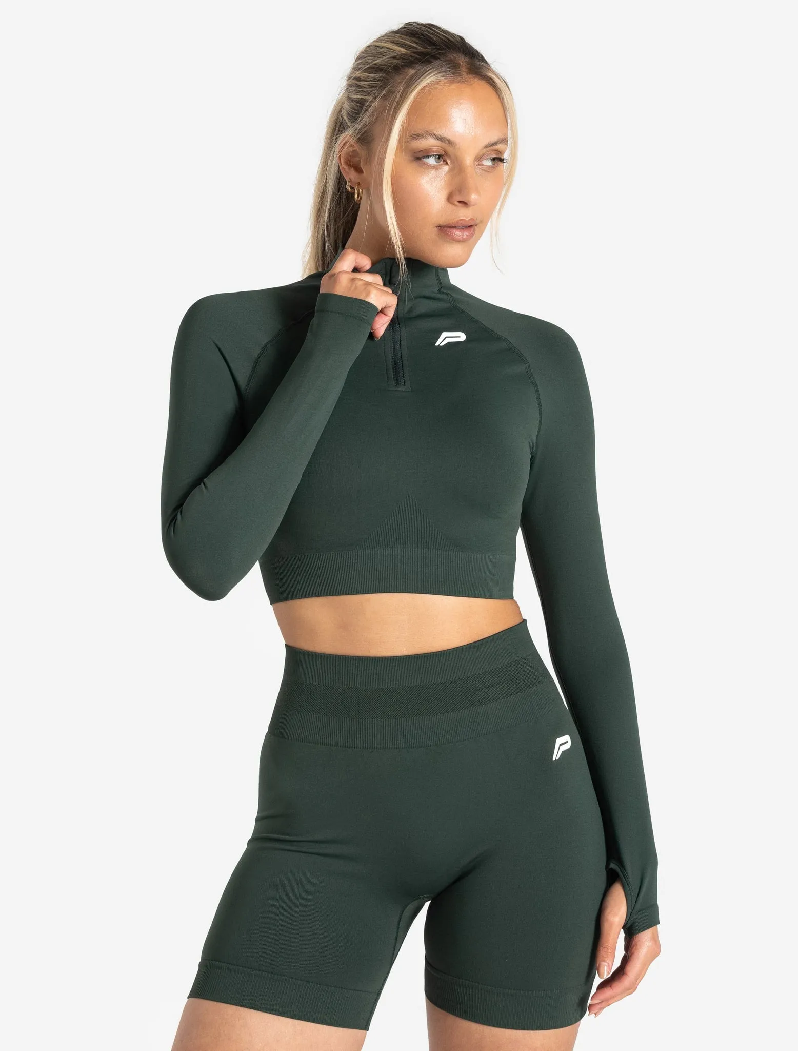 Scrunch Seamless Crop 1/2 Zip - Forest Green