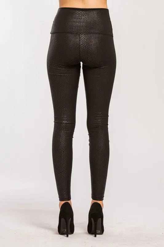 Stretchy Snakeskin Pleather Leggings - Black