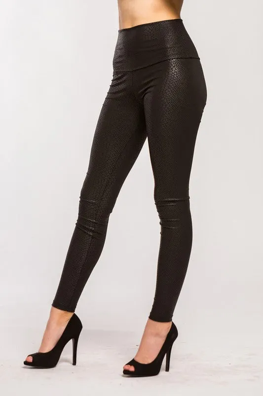 Stretchy Snakeskin Pleather Leggings - Black