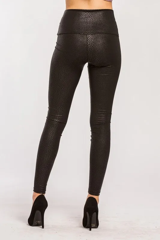 Stretchy Snakeskin Pleather Leggings - Black