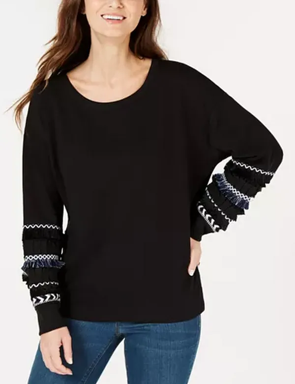 STYLE & CO Womens Black Fringe Banded Long Sleeve Crew Neck Sweater, Medium