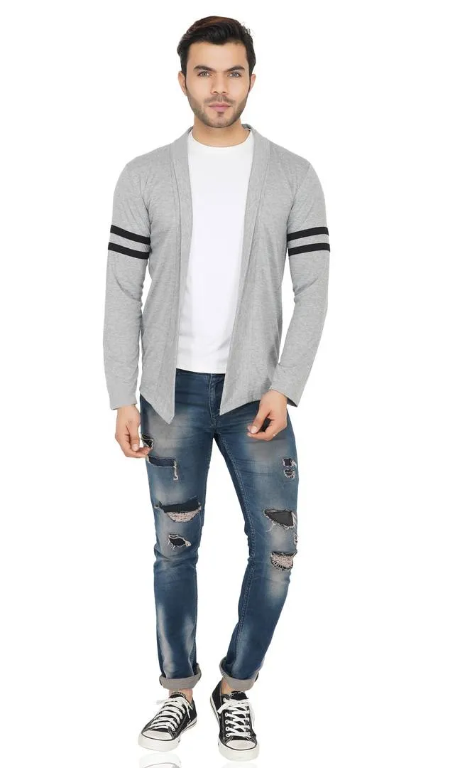 Stylish Light Grey With Contrast Detailing Full Sleeve Stripe Patch Open Long Shrug for Men