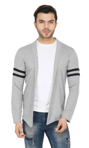 Stylish Light Grey With Contrast Detailing Full Sleeve Stripe Patch Open Long Shrug for Men