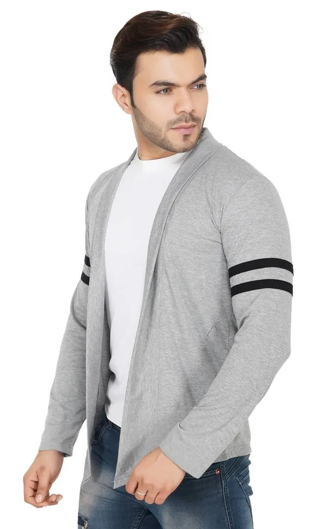 Stylish Light Grey With Contrast Detailing Full Sleeve Stripe Patch Open Long Shrug for Men