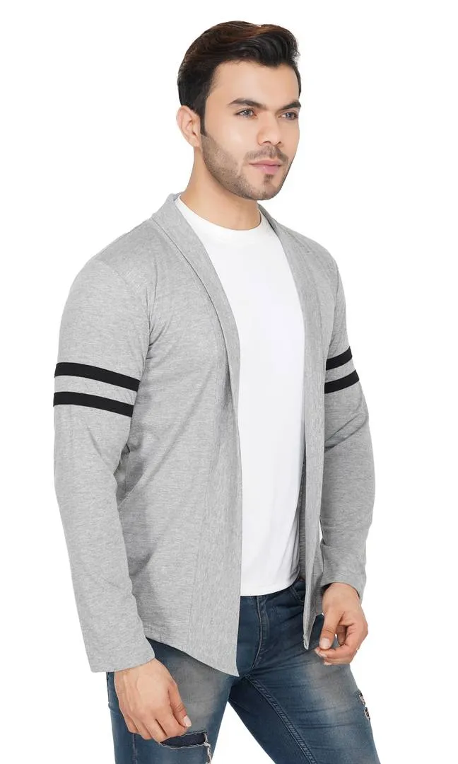 Stylish Light Grey With Contrast Detailing Full Sleeve Stripe Patch Open Long Shrug for Men