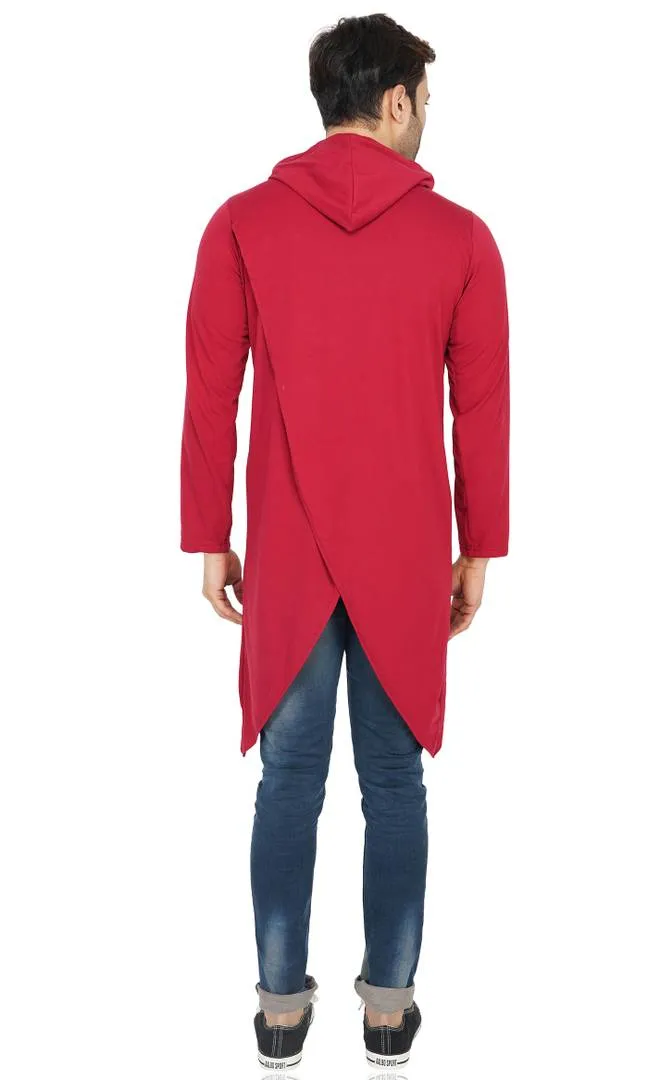 Stylish Maroon Hooded Full Sleeve Open Long Shrug for Men