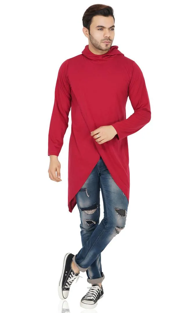 Stylish Maroon Hooded Full Sleeve Open Long Shrug for Men