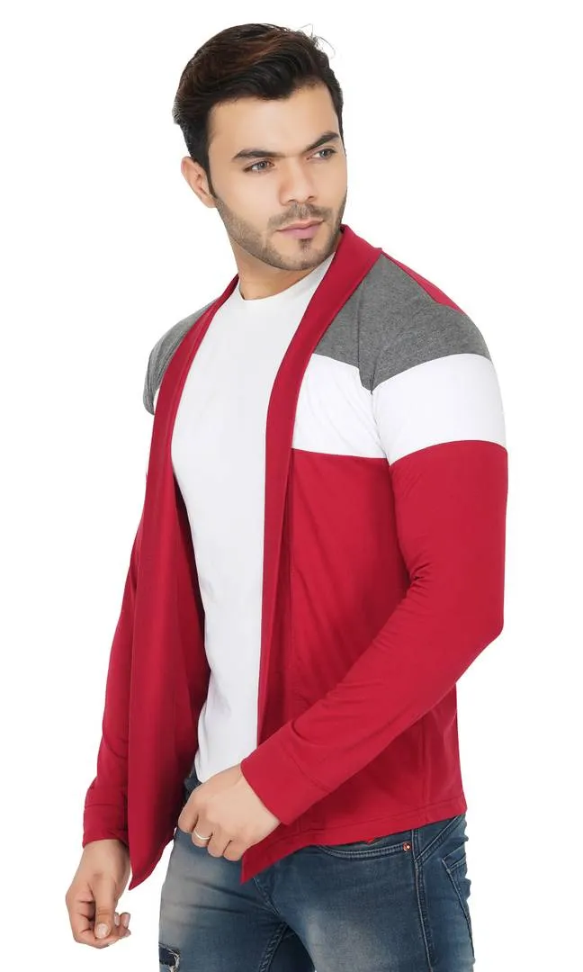 Stylish Maroon White & Grey Melange Cut & Sew Full Sleeve Open Long Shrug for Men