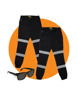 Tradies Womens Taped Cotton Cargo Cuffed Pants Value Pack - Black