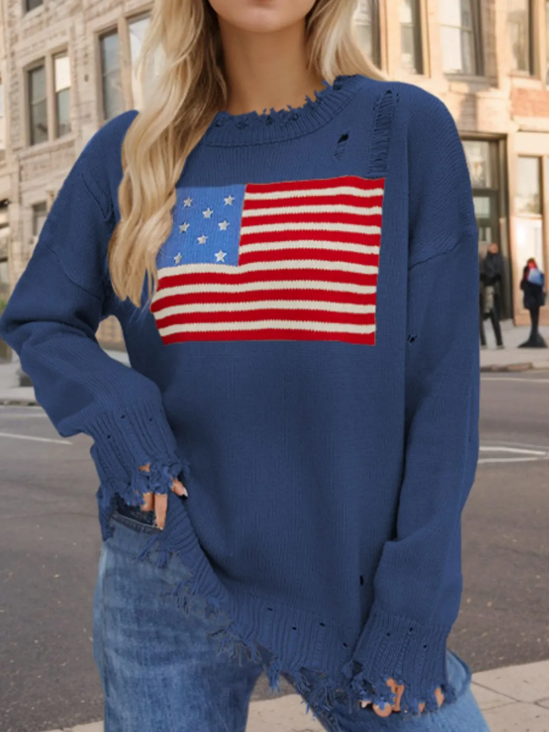 US Flag Distressed Round Neck Long Sleeve Sweater