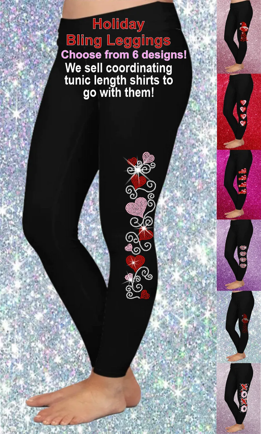 Valentine Day Rhinestone or Spangle Bling Leggings, Tween, Ladies and Plus Hearts, Swirls, XoXo, Vintage Heart Truck, Valentine Leggings