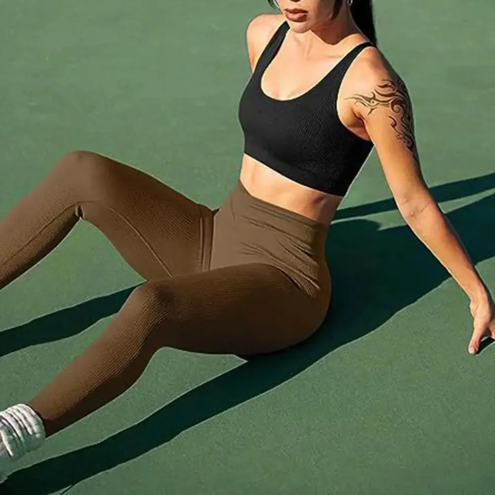 Women Yoga Leggings Ribbed Pattern High Waist Long Pants Seamless Athletic Workout Leggings Sports Exercise Casual Pants