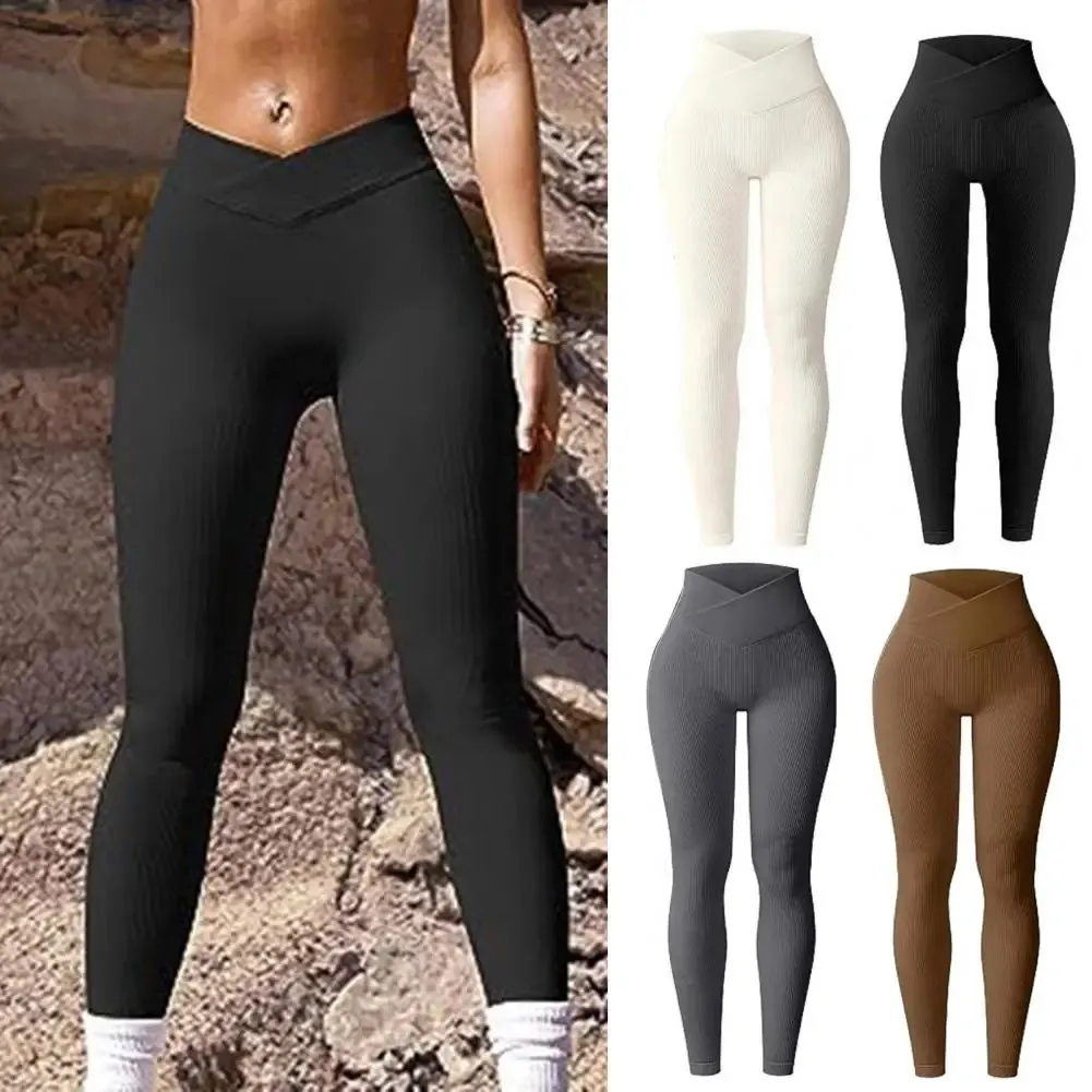 Women Yoga Leggings Ribbed Pattern High Waist Long Pants Seamless Athletic Workout Leggings Sports Exercise Casual Pants