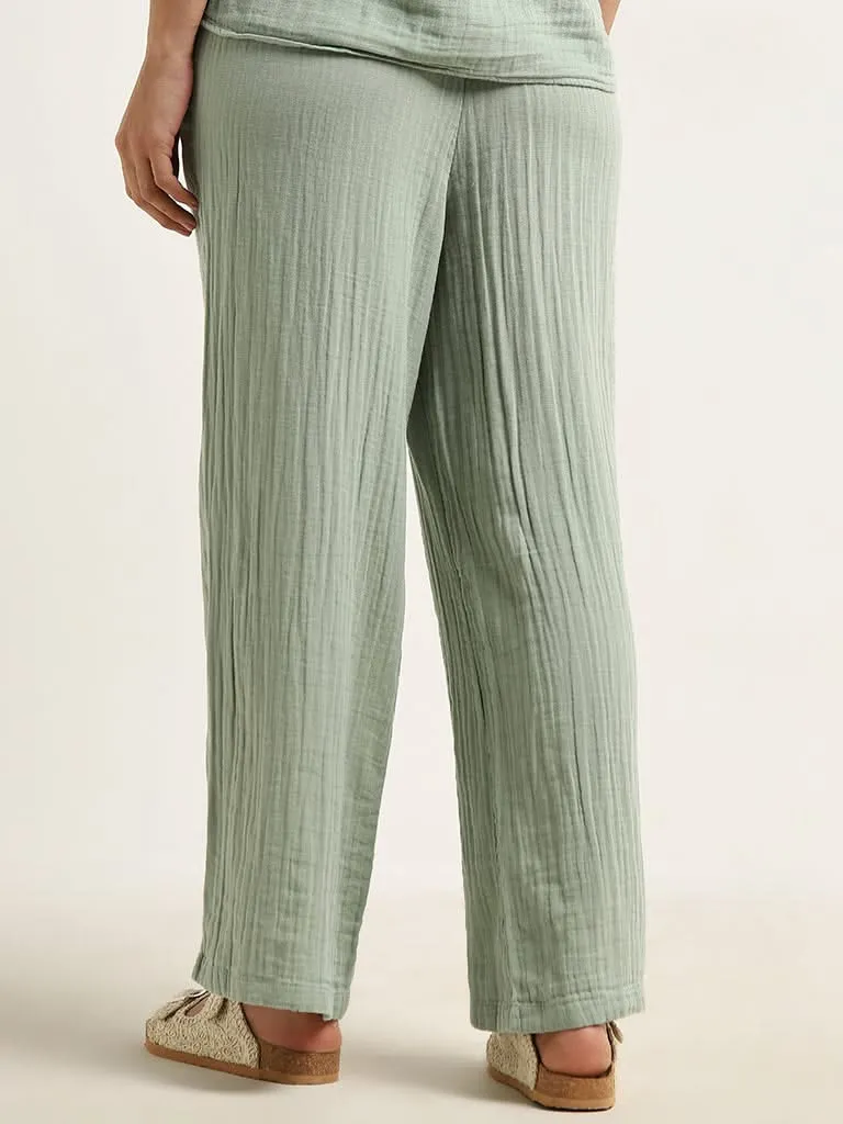 Wunderlove Light Green Crinkled Mid-Rise Beach Cotton Pants