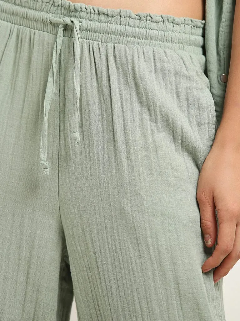 Wunderlove Light Green Crinkled Mid-Rise Beach Cotton Pants